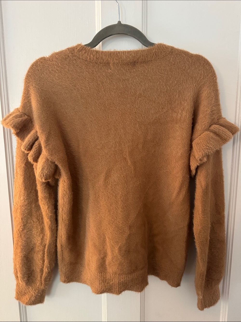 Francesca's Collections Camel Brown Fuzzy Ruffle Sleeve Crewneck Sweater - Picture 2 of 3